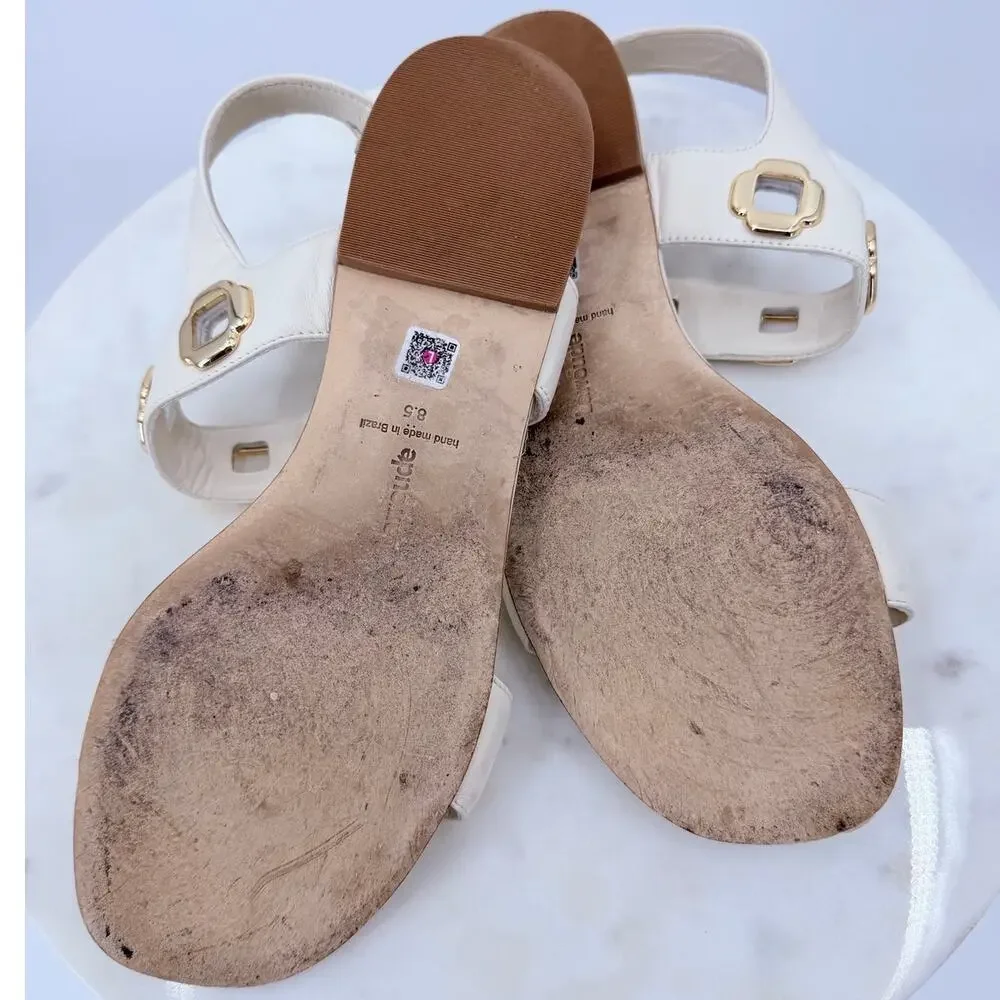 Larroudé Milan Flat Sandal Ivory Leather Gold Chain Size 8.5